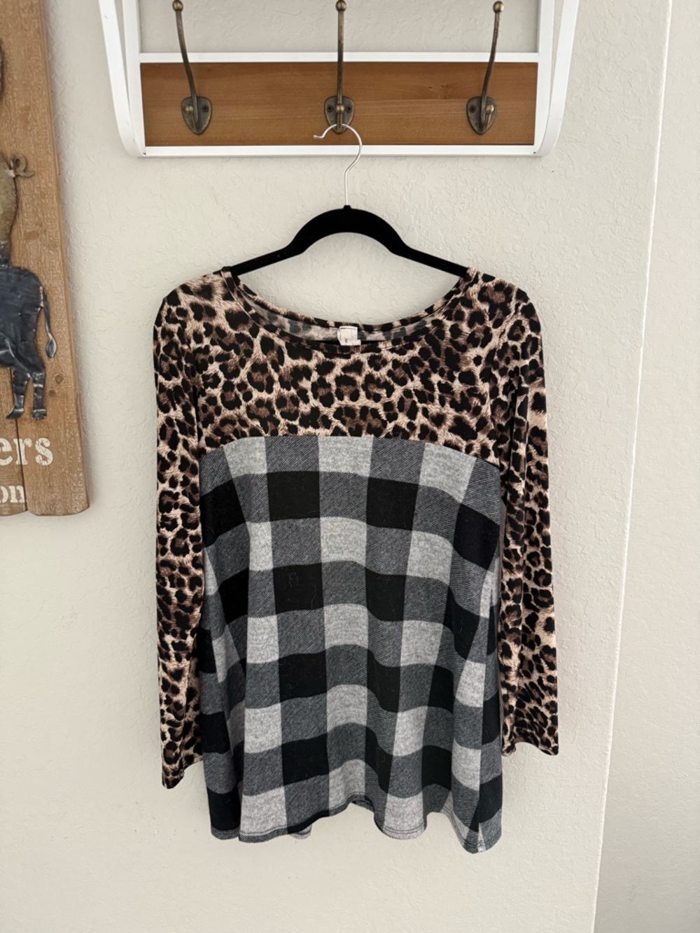 Leopard Yoke Plaid Long Sleeve Top - Black, Gray & Brown